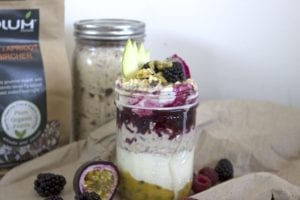 Fig & Apricot Bircher muesli with yogurt and a berry coulis 