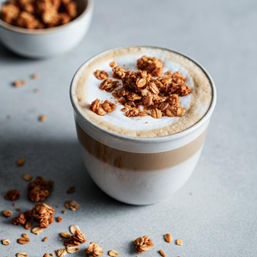 Granola latte made with Opera Foods premium cafe granola