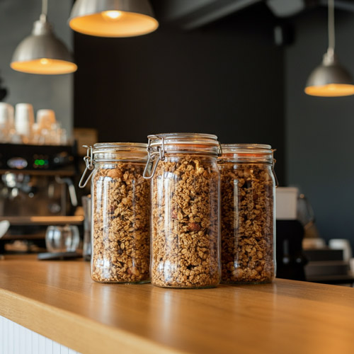 jars of premium granola on a cafe counter