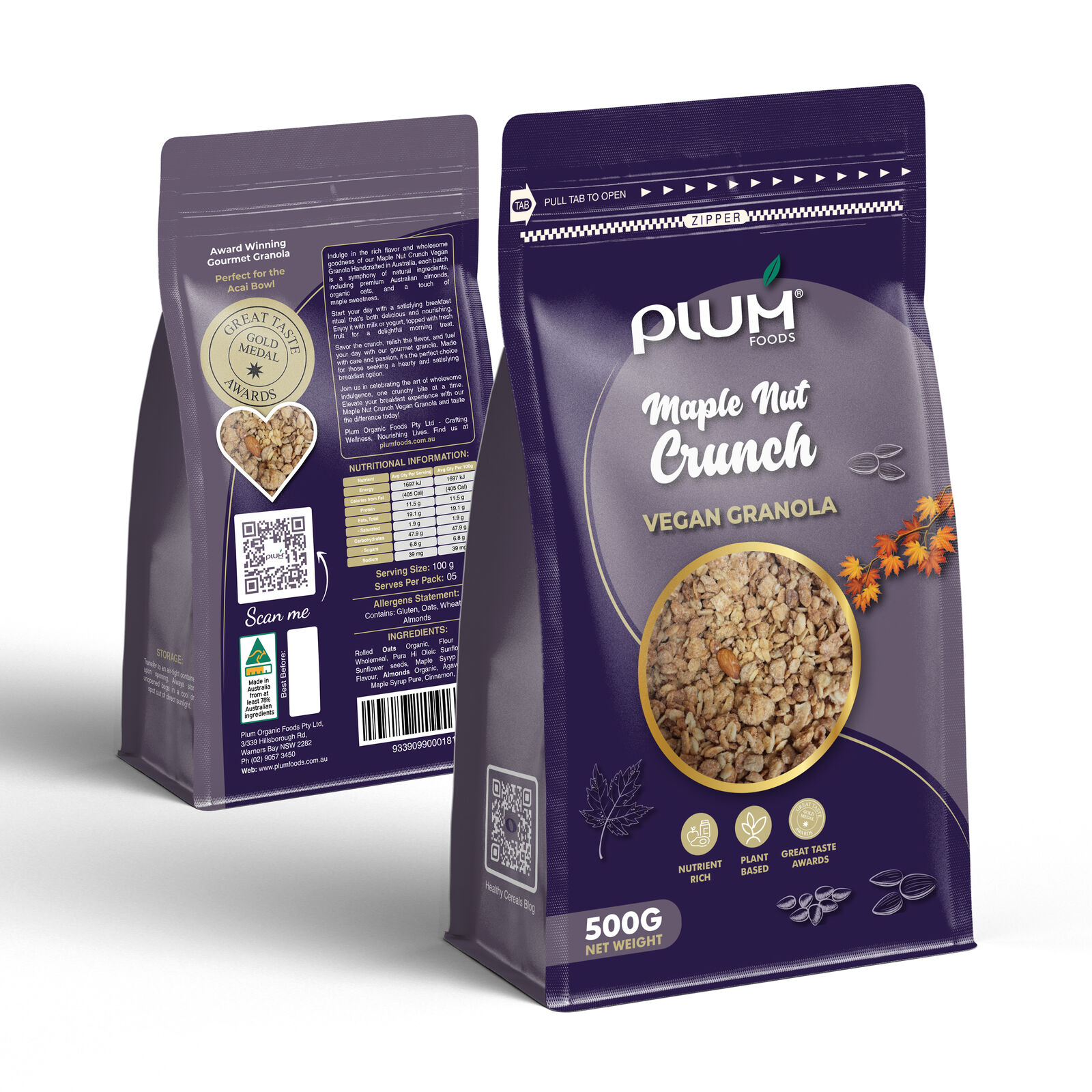 Maple Nut Crunch Premium Granola 500G Crunchy Clusters - Plum Foods